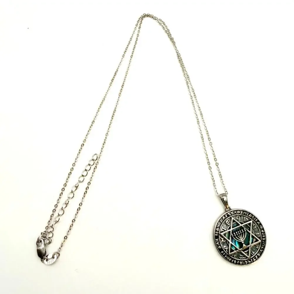 Vtg 925 Sterling Silver Solomon Hexagram Star of David Abalone Pendant Necklace